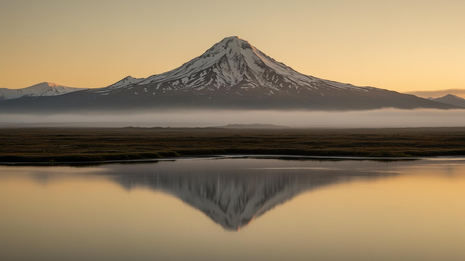 Frosty Peak volcano reflected in Izembek Lagoon at dawn