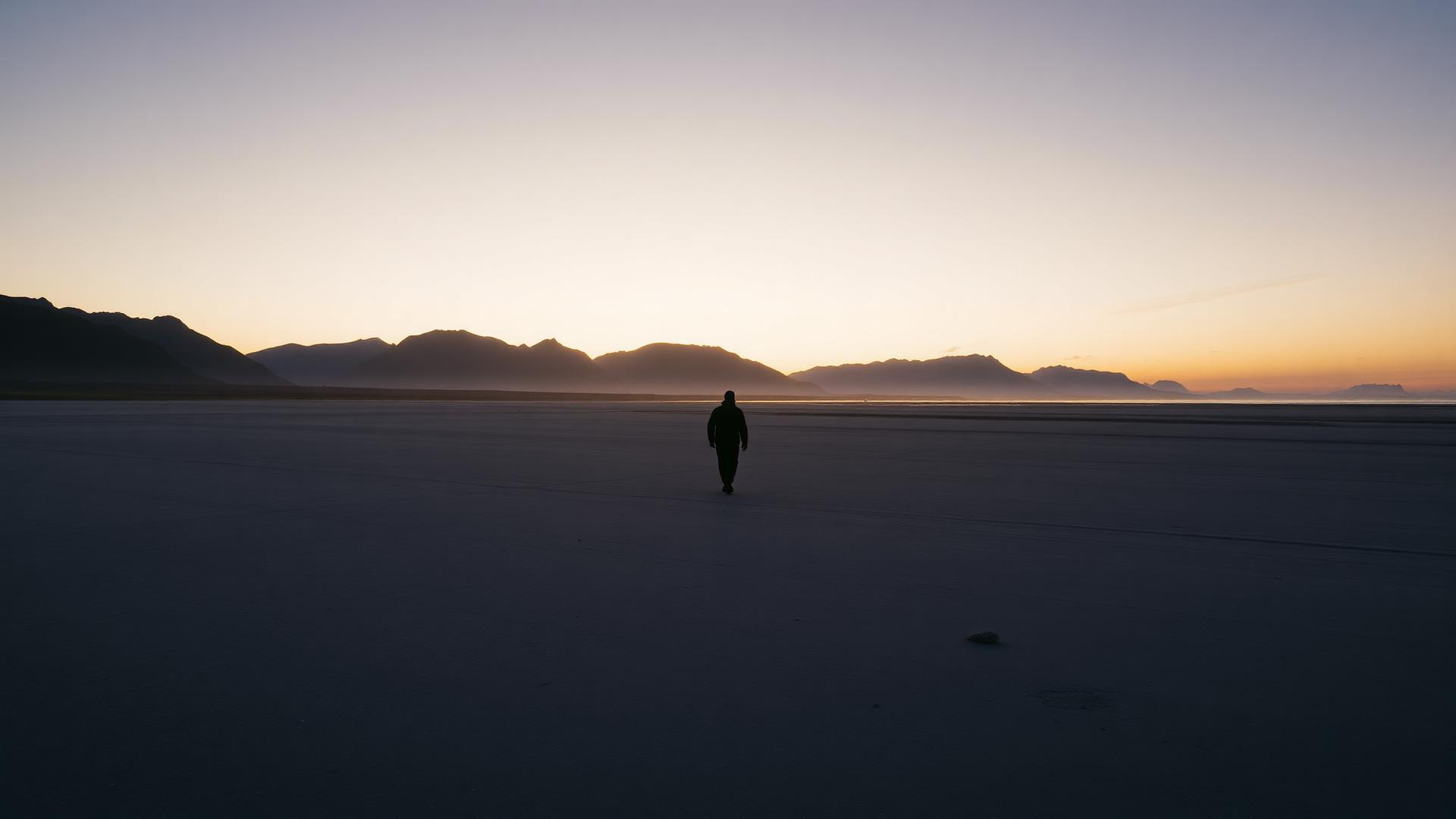 A lone figure on an empty Alaskan beach at dusk
